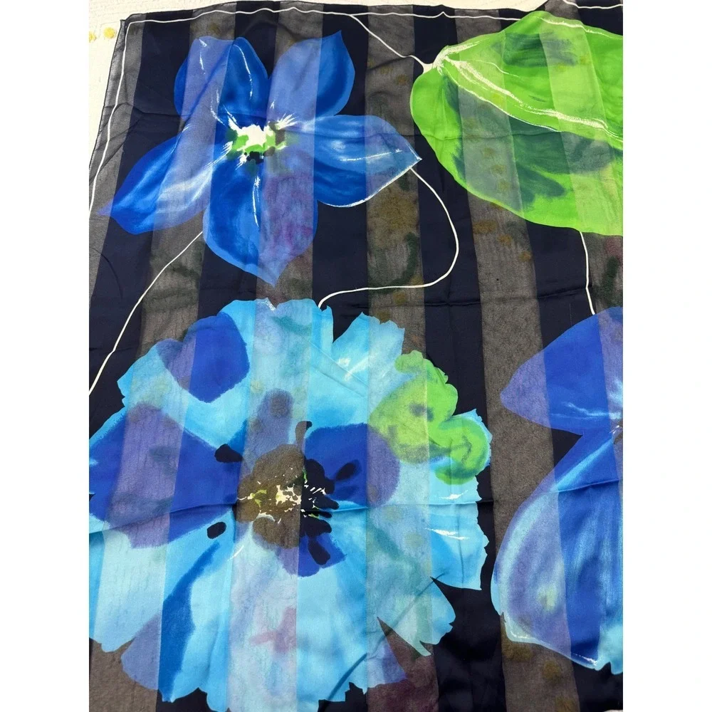 Vintage Italian Floral Square Scarf Navy Blue Striped Sheer Made in Italy 34x34